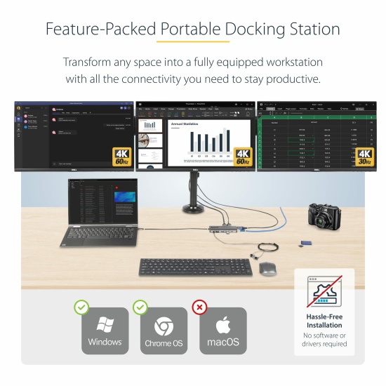 StarTech.com USB-C Triple-Monitor Multiport Adapter, Dual 4K 60Hz + 4K 30Hz HDMI & DisplayPort, 4-Port USB Hub, 100W PD Pass-Through, GbE, SD/MicroSD Card Readers Image