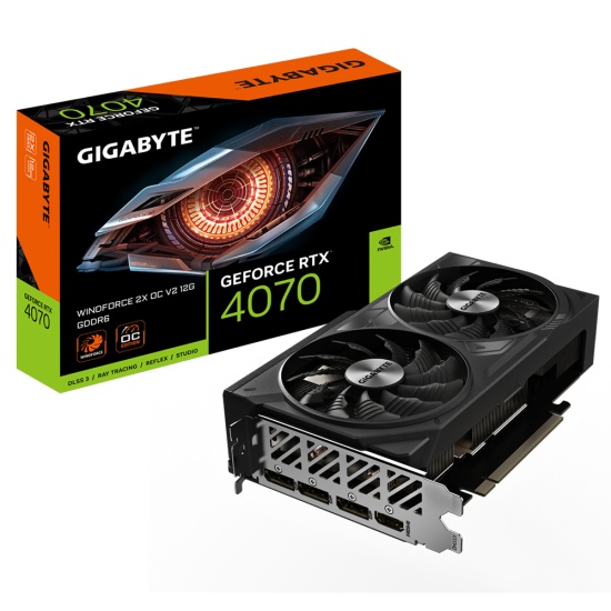 GIGABYTE GeForce RTX 4070 WINDFORCE 2X OC V2 12G Graphics Card - 12GB GDDR6, 192bit, PCI-E 4.0, 2490MHz Core Clock, 3 x DisplayPort 1.4a, 1 x HDMI 2.1a, NVIDIA DLSS 3, GV-N4070WF2OCV2-12GD Image