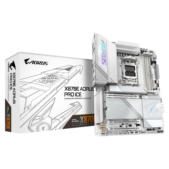 GIGABYTE X870E AORUS PRO ICE Motherboard - Supports AMD Ryzen 9000 CPUs, 16+2+2 Phases Digital VRM, up to 8000MHz DDR5 (OC), 3xPCIe 5.0 + 1xPCIe 4.0, Wi-Fi 7, 2.5GbE LAN, USB 4 Image