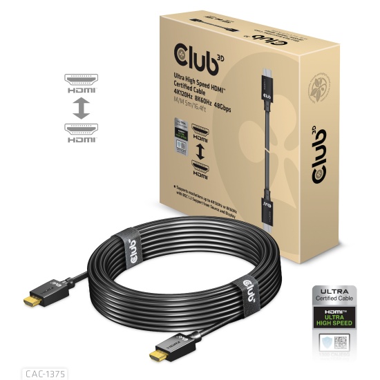 CLUB3D Ultra High Speed HDMI™ Certified Cable 4K120Hz 8K60Hz 48Gbps M/M 5m/16.4ft Image