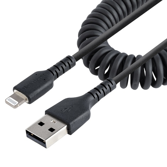 StarTech.com 1m (3ft) USB to Lightning Cable, MFi Certified, Coiled iPhone Charger Cable, Black, Durable TPE Jacket Aramid Fiber, Heavy Duty Coil Lightning Cable Image