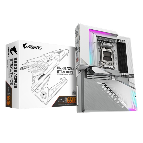 GIGABYTE B650E AORUS STEALTH ICE Motherboard - Supports AMD Ryzen 9000 CPUs, 12+2+2 phases VRM, up to 8000MHz DDR5 (OC), 1xPCIe 5.0 M2 + 3xPCIe 4.0 M.2, Wi-Fi 7, 2.5GbE LAN, USB 3.2 Gen 2x2 Image