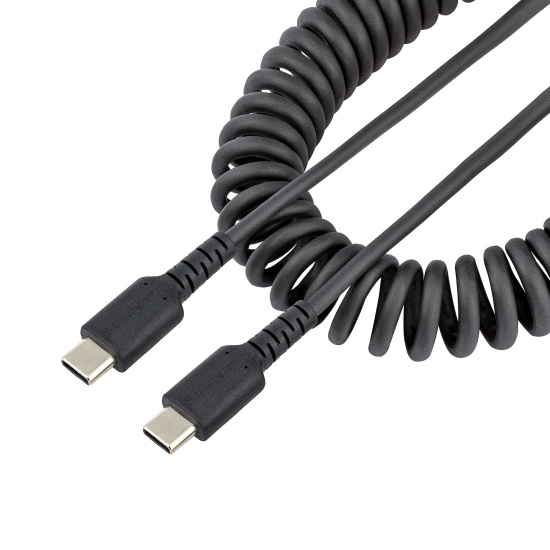 StarTech.com 20in (50cm) USB C Charging Cable, Coiled Heavy Duty Fast Charge & Sync USB-C Cable, USB 2.0 Type-C Cable, Rugged Aramid Fiber, Durable Male to Male USB Cable, Black Image