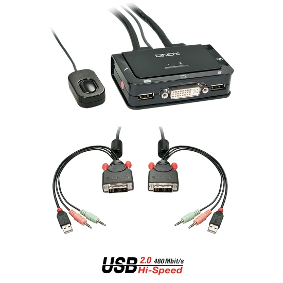 Lindy 2 Port DVI-D Single Link, USB 2.0 and Audio KVM Switch Compact Image