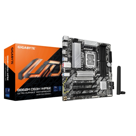 GIGABYTE B860M DS3H WIFI6E Motherboard - Intel Core Ultra Series CPUs, 5+1+2+1 Phases VRM, up to 9066MHz DDR5, 1xPCIe 5.0 + 1xPCIe 4.0 M.2, 2.5GbE LAN, WIFI 6E, USB 3.2 Gen 2 Image