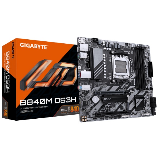 GIGABYTE B840M DS3H Motherboard - AMD Ryzen 9000 CPUs, 8+2+2 Phases VRM, up to 8200MHz DDR5, 2xPCIe 4.0 M.2, 2.5GbE LAN, USB 3.2 Gen 1 Image