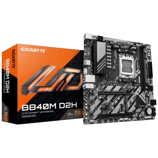 GIGABYTE B840M D2H Motherboard - AMD Ryzen 9000 CPUs, 5+2+2 Phases VRM, up to 7600MHz DDR5, 1xPCIe 4.0 + 1xPCIe 3.0 M.2, 2.5GbE LAN, USB 3.2 Gen 1 Image GIGABYTE B840M D2H Motherboard - AMD Ryzen 9000 CPUs, 5+2+2 Phases VRM, up to 7600MHz DDR5, 1xPCIe 4.0 + 1xPCIe 3.0 M.2, 2.5GbE LAN, USB 3.2 Gen 1 Image