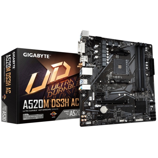 GIGABYTE A520M DS3H AC Motherboard - AMD Ryzen 5000 Series CPUs, 5+3 Phases VRM, up to 4733MHz DDR5 (OC), 1xPCIe 3.0 M.2, GbE LAN, WIFI 5, USB 3.2 Gen 1 Image GIGABYTE A520M DS3H AC Motherboard - AMD Ryzen 5000 Series CPUs, 5+3 Phases VRM, up to 4733MHz DDR5 (OC), 1xPCIe 3.0 M.2, GbE LAN, WIFI 5, USB 3.2 Gen 1 Image