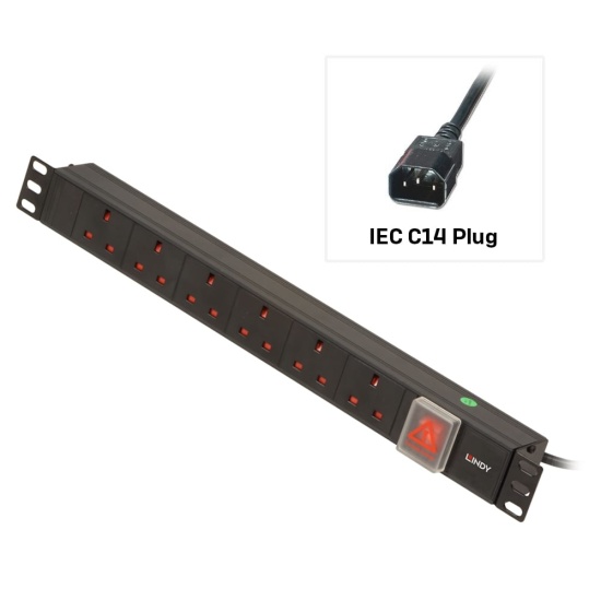 Lindy 1U 6 Way UK Sockets, Horizontal PDU with IEC C14 Cable Image