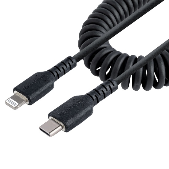 StarTech.com 20in / 50cm USB C to Lightning Cable, MFi Certified, Coiled iPhone Charger Cable, Black, Durable TPE Jacket Aramid Fiber, Heavy Duty Coil Lightning Cable Image