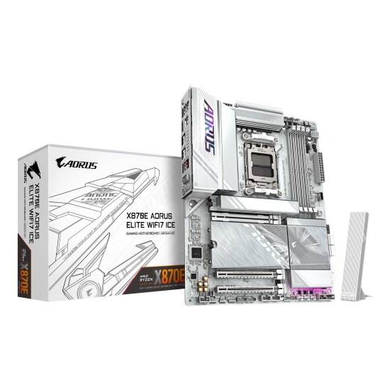 GIGABYTE X870E AORUS ELITE WIFI7 ICE Motherboard - Supports AMD Ryzen 9000 CPUs, 16+2+2 Phases Digital VRM, up to 8200Hz DDR5 (OC), 3xPCIe 5.0 + 1xPCIe 4.0, Wi-Fi 7, 2.5GbE LAN, USB 4 Image