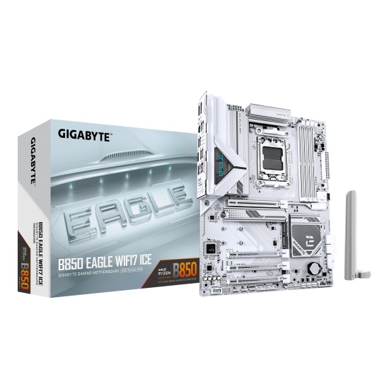 GIGABYTE B850 EAGLE WIFI7 ICE Motherboard - AMD Ryzen 9000 Series CPUs, 8+2+2 Phases Digital VRM, up to 8200MHz DDR5 (OC), 1xPCIe 5.0 + 2xPCIe 4.0 M.2, WIFI 7, 2.5 GbE LAN, USB 3.2 Gen 2 Image