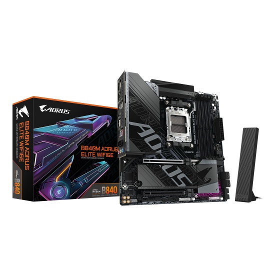 GIGABYTE B840M AORUS ELITE WIFI6E Motherboard - AMD Ryzen 9000 CPUs, 10+2+2 Phases VRM, up to 8200MHz DDR5(O.C), 2xPCIe 4.0 M.2, Wi-Fi 6E, 2.5GbE LAN, USB 3.2 Gen 2 Image