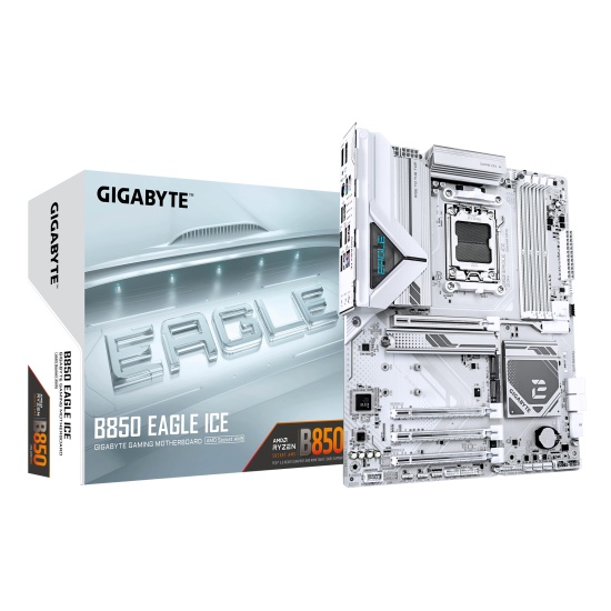 GIGABYTE B850 EAGLE ICE Motherboard - AMD Ryzen 9000 Series CPUs, 8+2+2 Phases Digital VRM, up to 8200MHz DDR5 (O.C), 1xPCIe 5.0 + 2xPCIe 4.0 M.2, 2.5 GbE LAN, USB 3.2 Gen 2 Image
