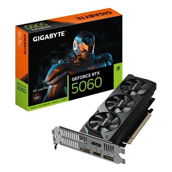 GIGABYTE GeForce RTX 5060 OC Low Profile 8G Graphics Card - 8GB GDDR7, 128bit, PCI-E 5.0, 2512 MHz Core Clock, 3 x DisplayPort, 1 x HDMI, GV-N5060OC-8GL Image