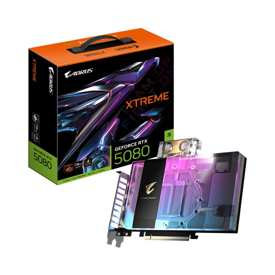GIGABYTE AORUS GeForce RTX 5080 XTREME WATERFORCE WB 16G Graphics Card - 16GB GDDR7, 256bit, PCI-E 5.0, 2805MHz Core Clock, 3 x DP 2.1a, 1 x HDMI 2.1b, NVIDIA DLSS 4, GV-N5080AORUSX WB-16GD Image