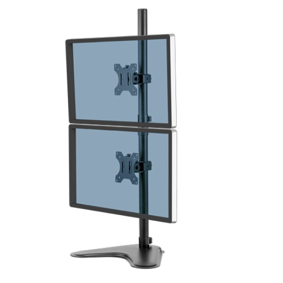Fellowes Seasa Dual Stacking Monitor Arm - Freestanding Monitor Mount for 8KG 32 inch Screens - Ergonomic Adjustable Monitor Arm - Tilt 45° Pan 120° Rotation 360°, VESA 75 x 75/100 x 100 - Black Image