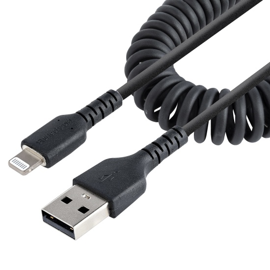 StarTech.com 50cm (20in) USB to Lightning Cable, MFi Certified, Coiled iPhone Charger Cable, Black, Durable TPE Jacket Aramid Fiber, Heavy Duty Coil Lightning Cable Image