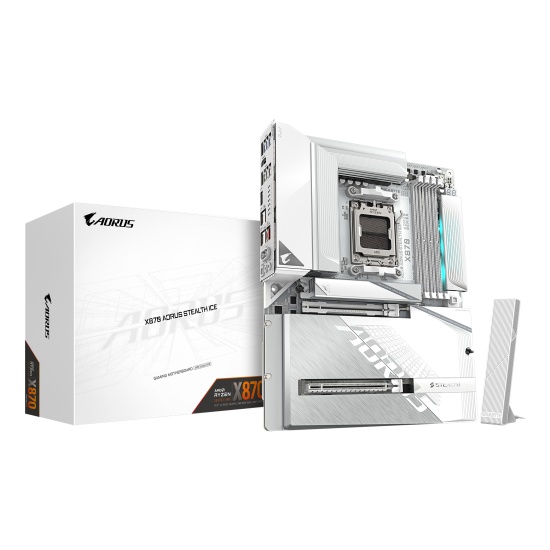 GIGABYTE X870 AORUS STEALTH ICE Motherboard - Supports AMD Ryzen 9000 CPUs, 16+2+2 Phases Digital VRM, up to 8200Hz DDR5 (OC), 2xPCIe 5.0 + 2xPCIe 4.0, Wi-Fi 7, 5 GbE LAN, USB 4 Image