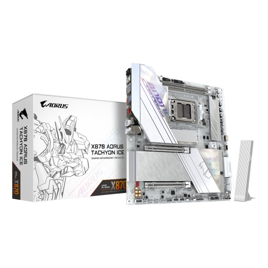 GIGABYTE X870 AORUS TACHYON ICE Motherboard - Supports AMD Ryzen 9000 CPUs, 18+2+2 Phases Digital VRM, up to 9600Hz DDR5 (OC), 1xPCIe 5.0 + 2xPCIe 4.0, Wi-Fi 7, 5 GbE LAN, USB 4 Image