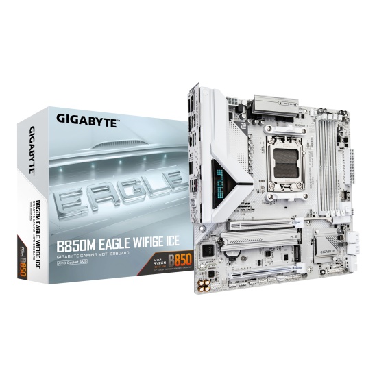 GIGABYTE B850M EAGLE WIFI6E ICE Motherboard - AMD Ryzen 9000 Series CPUs, 8+2+2 Phases Digital VRM, up to 8200MHz DDR5 (OC), 1xPCIe 5.0 + 1xPCIe 4.0 M.2, Wi-Fi 6E, 2.5 GbE LAN, USB 3.2 Gen 2 Image