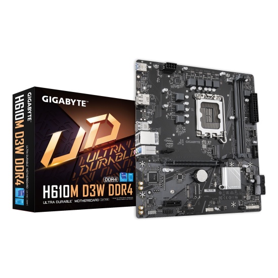 GIGABYTE H610M D3W DDR4 Motherboard - Supports 14th Gen. Intel Core CPUs, 5+1+1 phases VRM, up to 3200MHz DDR4, 1xPCIe 3.0 M.2, 1GbE LAN, USB 3.2 Gen 1 Image