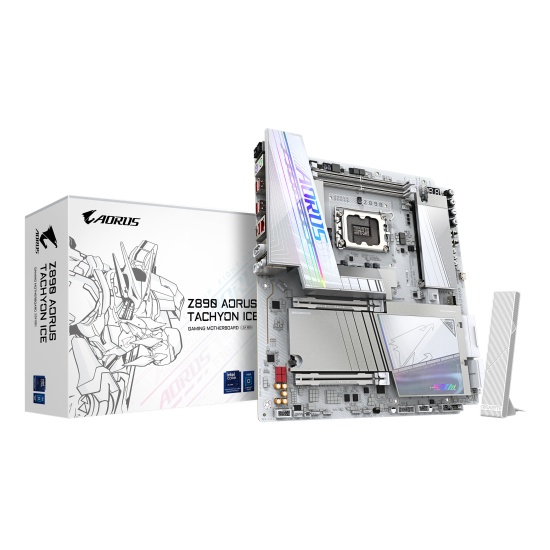 GIGABYTE Z890 AORUS TACHYON ICE Motherboard - Supports Intel Core Ultra (Series 2) CPUs, 18+1+2 phases VRM, up to 9500MHz DDR5 (O.C), 1xPCIe 5.0 + 3xPCIe 4.0, Wi-Fi 7, 5GbE LAN, USB 3.2 Gen 2x2 Image
