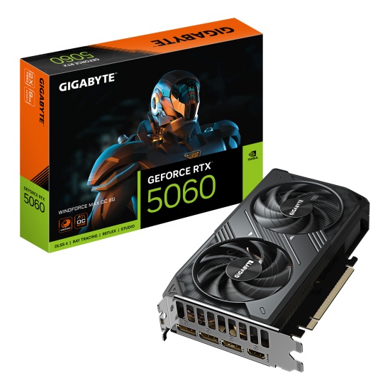 GIGABYTE GeForce RTX 5060 WINDFORCE MAX OC 8G Graphics Card - 8GB GDDR7, 128bit, PCI-E 5.0, 2512MHz Core Clock, 3 x DP, 1 x HDMI, NVIDIA DLSS 4, GV-N5060WF2MAX OC-8GD Image