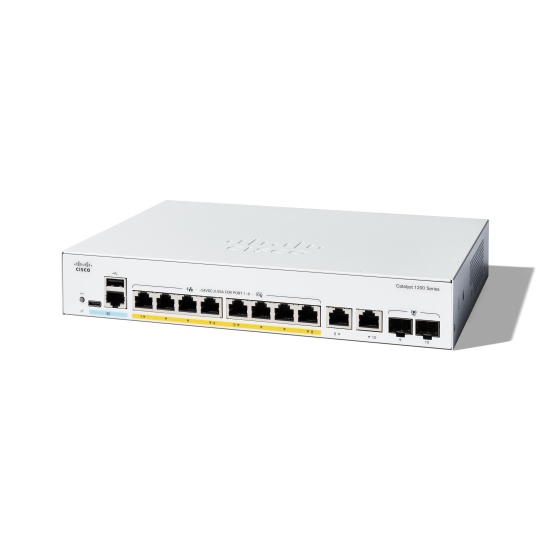 Cisco Catalyst 1200-8P-E-2G Smart Switch, 8 Port GE, PoE, Ext PS, 2x1GE Combo, Limited Lifetime Protection (C1200-8P-E-2G) Image