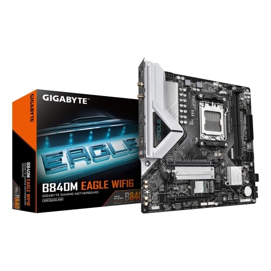 GIGABYTE B840M EAGLE WIFI6 Motherboard - AMD Ryzen 9000 CPUs, 5+2+2 Phases VRM, up to 7600MHz DDR5(O.C), 1xPCIe 4.0 + 1xPCIe 3.0 M.2, Wi-Fi 6, 2.5GbE LAN, USB 3.2 Gen 1 Image