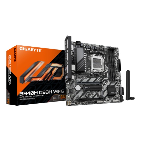 GIGABYTE B840M DS3H WIFI6 Motherboard - AMD Ryzen 9000 CPUs, 8+2+2 Phases VRM, up to 8200MHz DDR5, 2xPCIe 4.0 M.2, Wi-Fi 6, 2.5GbE LAN, USB 3.2 Gen 1 Image