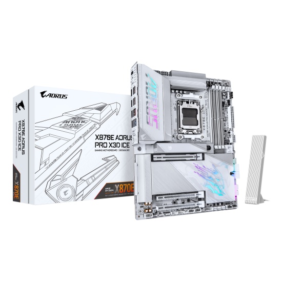 GIGABYTE X870E AORUS PRO X3D ICE Motherboard - Supports AMD Ryzen 9000 CPUs, 18+2+2 Phases Digital VRM, up to 9000Hz DDR5 (OC), 2xPCIe 5.0 + 2xPCIe 4.0, Wi-Fi 7, 5GbE LAN, USB 4 Image
