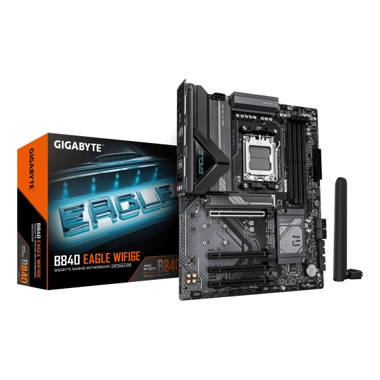 GIGABYTE B840 EAGLE WIFI6E Motherboard - AMD Ryzen 9000 CPUs, 8+2+2 Phases VRM, up to 8200MHz DDR5(O.C), 2xPCIe 4.0 + 1xPCIe 3.0 M.2, Wi-Fi 6E, 2.5GbE LAN, USB 3.2 Gen 2 Image