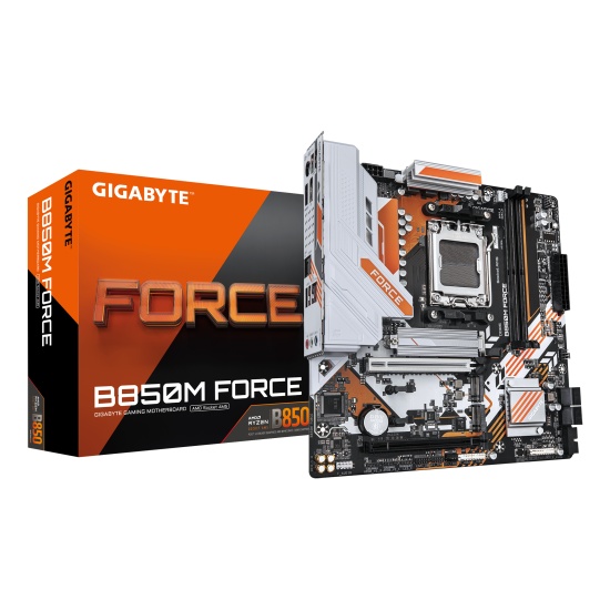 GIGABYTE B850M FORCE Motherboard - AMD Ryzen 9000 Series CPUs, 8+2+2 Phases Digital VRM, up to 9600MHz DDR5 (OC), 1xPCIe 5.0 + 2xPCIe 4.0 M.2, 2.5 GbE LAN, USB 3.2 Gen 2 Image