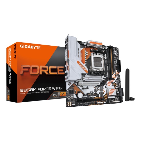 GIGABYTE B850M FORCE WIFI6E Motherboard - AMD Ryzen 9000 Series CPUs, 8+2+2 Phases Digital VRM, up to 9600MHz DDR5 (OC), 1xPCIe 5.0 + 2xPCIe 4.0 M.2, Wi-Fi 6E, 2.5 GbE LAN, USB 3.2 Gen 2 Image