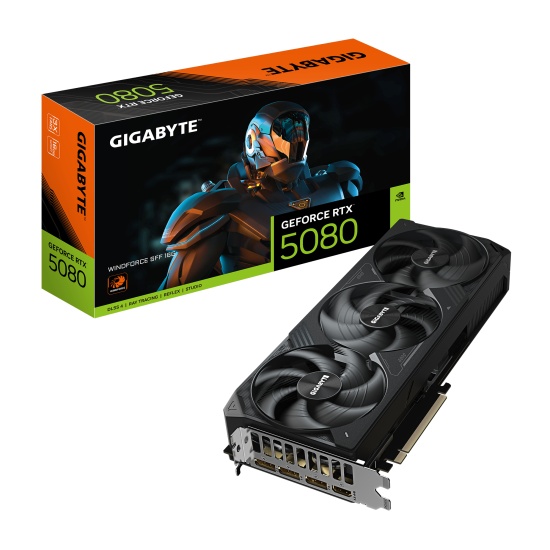 GIGABYTE GeForce RTX 5080 WINDFORCE SFF 16G Graphics Card - 16GB GDDR7, 256bit, PCI-E 5.0, 2617MHz Core Clock, 3 x DisplayPort, 1 x HDMI, GV-N5080WF3-16GD Image