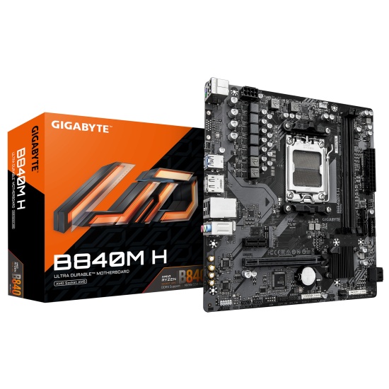 GIGABYTE B840M H Motherboard - AMD Ryzen 9000 CPUs, 5+2+2 Phases VRM, up to 7200MHz DDR5 (OC), 1xPCIe 4.0 M.2, 1GbE LAN, USB 3.2 Gen 1 Image