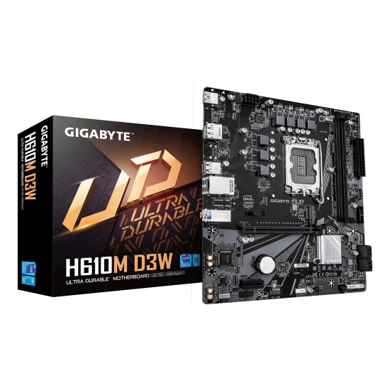 GIGABYTE H610M D3W Motherboard - Supports 14th Gen. Intel Core CPUs, 5+1+1 phases VRM, up to 5600MHz DDR5, 1xPCIe 3.0 M.2, 1GbE LAN, USB 3.2 Gen 1 Image