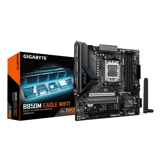 GIGABYTE B850M EAGLE WIFI7 Motherboard - AMD Ryzen 9000 Series CPUs, 8+2+2 Phases Digital VRM, up to 8200MHz DDR5 (O.C.), 1xPCIe 5.0 + 1xPCIe 4.0 M.2, WIFI 7, 2.5 GbE LAN, USB 3.2 Gen 2 Image