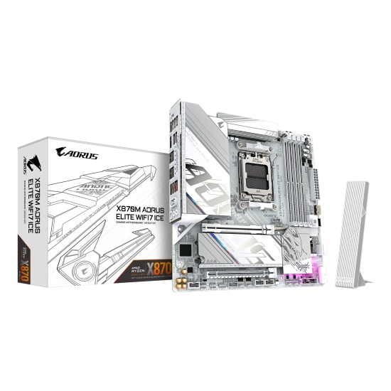 GIGABYTE X870M AORUS ELITE WIFI7 ICE Motherboard - Supports AMD Ryzen 9000 CPUs, 14+2+2 Phases Digital VRM, up to 8200Hz DDR5 (O.C), 1xPCIe 5.0 + 1xPCIe 4.0, Wi-Fi 7, 2.5 GbE LAN, USB 4 Image