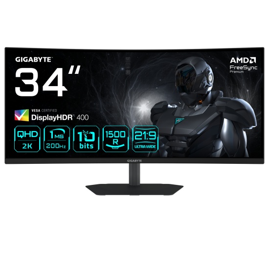 GIGABYTE G34WQC2 34” WQHD Curved Gaming Monitor - 3440 x 1440, 1500R, 200Hz, 1ms, 450 cd/m2, AMD FreeSync Premium, DisplayHDR 400, HDMI 2.0, Displayport 1.4 Image