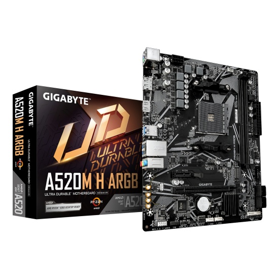 GIGABYTE A520M H ARGB Motherboard - Supports AMD Ryzen 5000 Series CPUs, up to 5100MHz DDR4 (OC), PCIe 3.0 x4 M.2, 1 GbE LAN, USB 3.2 Gen 1 Image