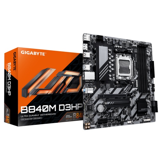 GIGABYTE B840M D3HP Motherboard - AMD Ryzen 9000 CPUs, 8+2+2 Phases VRM, up to 8200MHz DDR5(O.C), 2xPCIe 4.0 M.2, 1GbE LAN, USB 3.2 Gen 2 Image