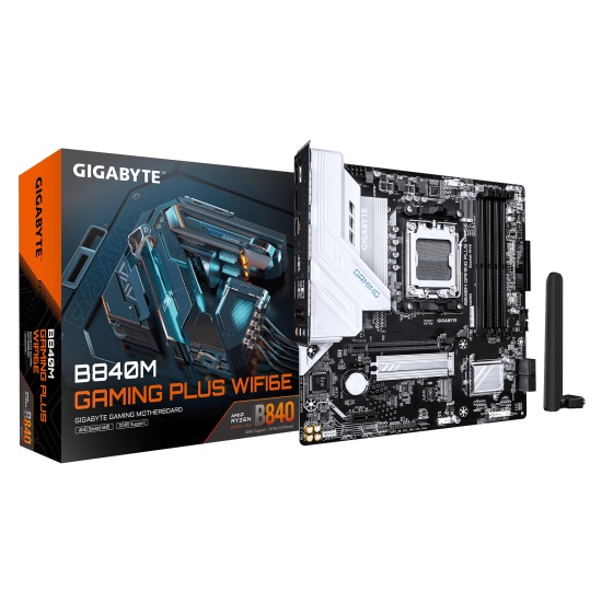 GIGABYTE B840M GAMING PLUS WIFI6E Motherboard - AMD Ryzen 9000 CPUs, 8+2+2 Phases VRM, up to 8200MHz DDR5(O.C), 2xPCIe 4.0 M.2, Wi-Fi 6E, 1GbE LAN, USB 3.2 Gen 2 Image
