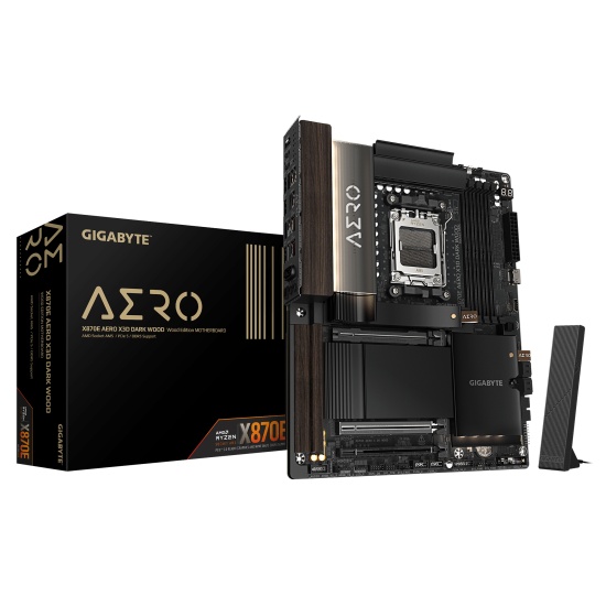 GIGABYTE X870E AERO X3D DARK WOOD Motherboard - Supports AMD Ryzen 9000 CPUs, 16+2+2 Phases Digital VRM, up to 9000Hz DDR5 (OC), 2xPCIe 5.0 + 2xPCIe 4.0, Wi-Fi 7, 5GbE LAN, USB 4 Image