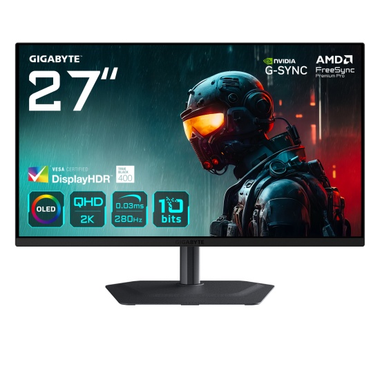 GIGABYTE MO27Q2A 27” OLED 2K QHD Gaming Monitor - 2560 x 1440, 280Hz, 0.03ms, 250 cd/m², FreeSync Premium Pro, DisplayHDR True Black 400, HDMI 2.1, Displayport 1.4 Image