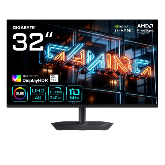 GIGABYTE MO32U24 32” OLED 4K UHD Gaming Monitor - 3840 x 2160, 240Hz, 0.03ms, 300 cd/m², G-Sync Compatible, FreeSync Premium Pro, Display HDR True Black 500, HDMI 2.1, Displayport 1.4 Image