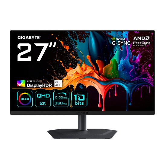 GIGABYTE MO27Q3 27” OLED QHD Gaming Monitor - 2560 x 1440, 360Hz, 0.03ms, 250 cd/m², G-Sync Compatible, FreeSync Premium Pro, Display HDR True Black 400, HDMI 2.1, Displayport 1.4 Image