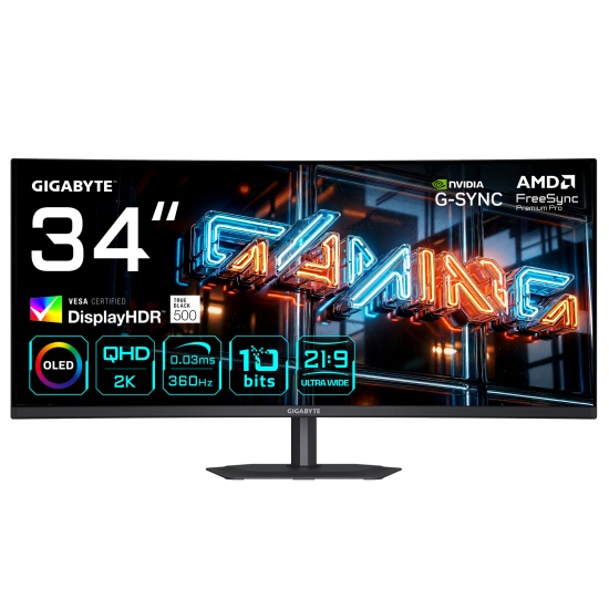 GIGABYTE MO34WQC36 34” WQHD Curved Gaming Monitor - 3440 x 1440, 360Hz, 0.03ms, KVM, 300 cd/m², FreeSync Premium Pro, DisplayHDR True Black 500, HDMI 2.1, Displayport 2.1 Image