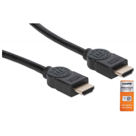Manhattan HDMI 4K@60Hz Cable with Ethernet, 1.8m, Certified, Suitable for ALL 4K & 1080p/HD uses - when upgrading now or have it ready for when you need it, Male to Male, Black, Ultra HD 4k x 2k, Lifetime Warranty, Premium High Speed, Similar to HDMM2MP Image